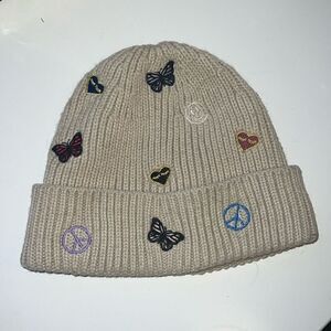 Winter knit beanie stitched peace signs butterfly women’s
